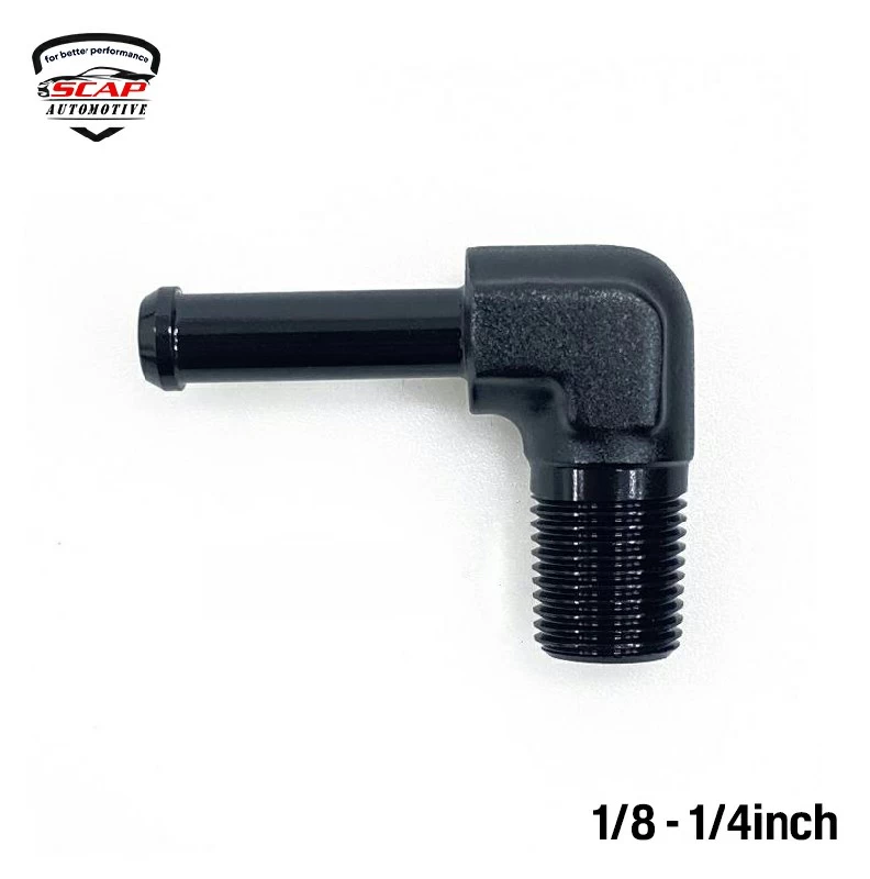 1/8" NPT TO 1/4" BARB 90DEG BLACK & SILVER SCAP-XA70145  (SKU 34-202)